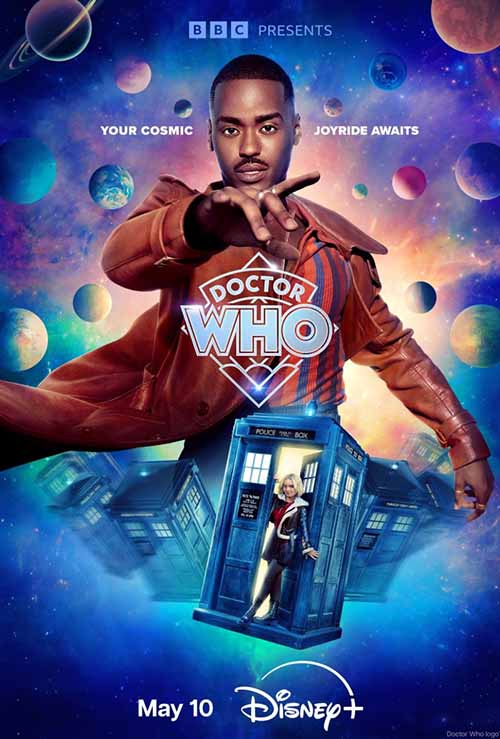 Promotional poster for Doctor Who featuring a man in a brown jacket pointing forward with a blue police box and a woman inside it, planets in the background, and text reading 'Your Cosmic Joyride Awaits', premiering May 10 on Disney+.
