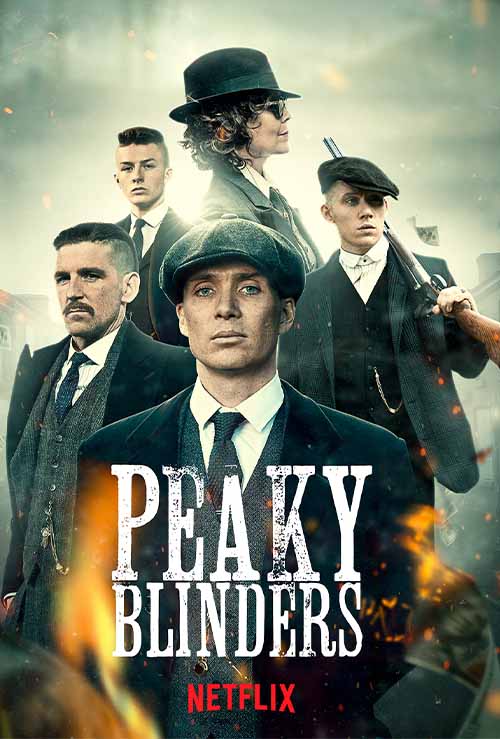 Promotional poster for Peaky Blinders featuring five characters in 1920s attire with the title and Netflix logo.