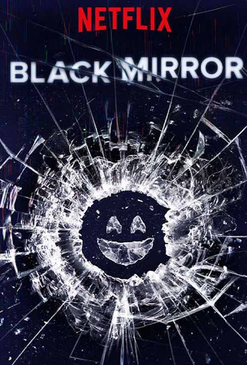 Netflix Black Mirror title with a shattered glass effect forming a smiley face in the center.