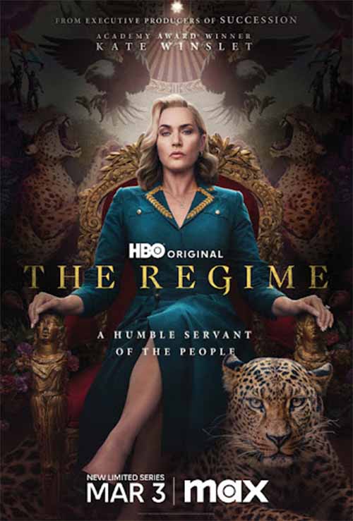 Promotional poster for HBO Original series 'The Regime' featuring Kate Winslet seated on an ornate throne with a leopard at her side.