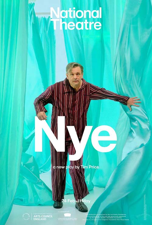 Man in striped pajamas standing among turquoise curtains with text promoting National Theatre's play 'Nye' by Tim Price.