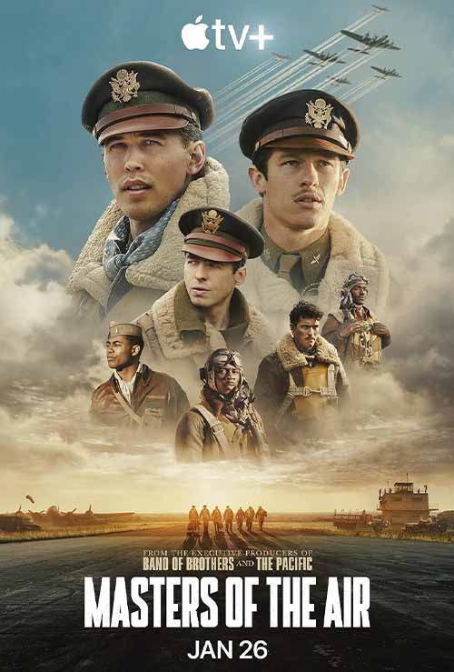 Promotional poster for Masters of the Air showing seven World War II aviators wearing military uniforms and hats against a backdrop of a cloudy sky with flying bombers, with the text Masters of the Air and release date Jan 26.