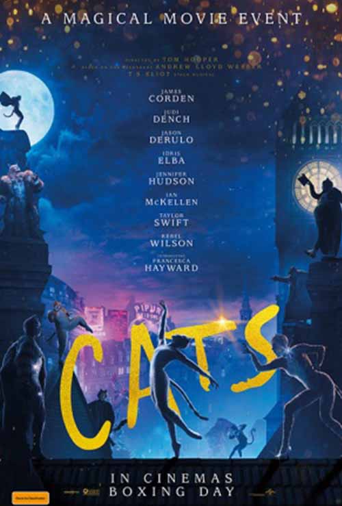 Poster for the movie 'Cats' showing silhouetted cat figures dancing against a nighttime cityscape with a full moon and clock tower.