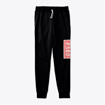 Black jogger pants with elastic cuffs and a red graphic logo on the left thigh.