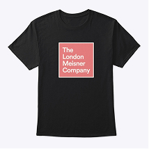 Black T-shirt with a red square on the front containing white text that reads 'The London Meisner Company'.