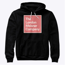 Black hoodie with a red square on the chest displaying white text: The London Meisner Company.