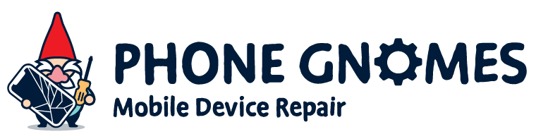 Logo of Phone Gnomes Mobile Device Repair with a gnome holding a cracked smartphone.
