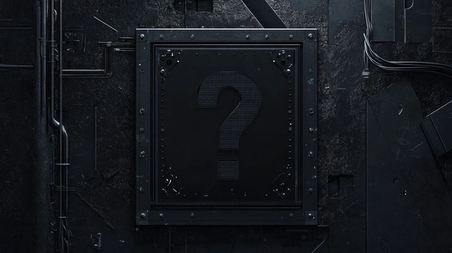 Dark industrial panel with a large embossed question mark in the center.
