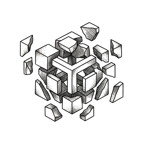 Line illustration of a cube breaking apart into disconnected fragments