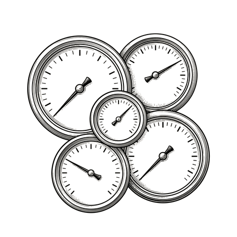 Line illustration of a cluster of analog gauge dials pointing in different directions