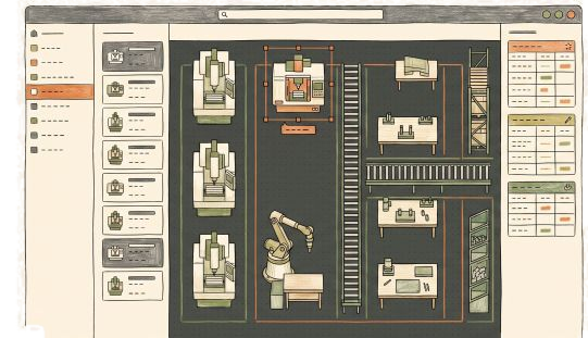 Sketch illustration of the Configure step — a factory floor layout screen