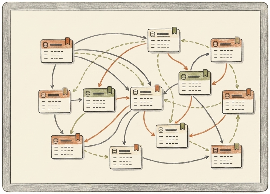 Sketch illustration of the Build step — a node graph data model on a monitor