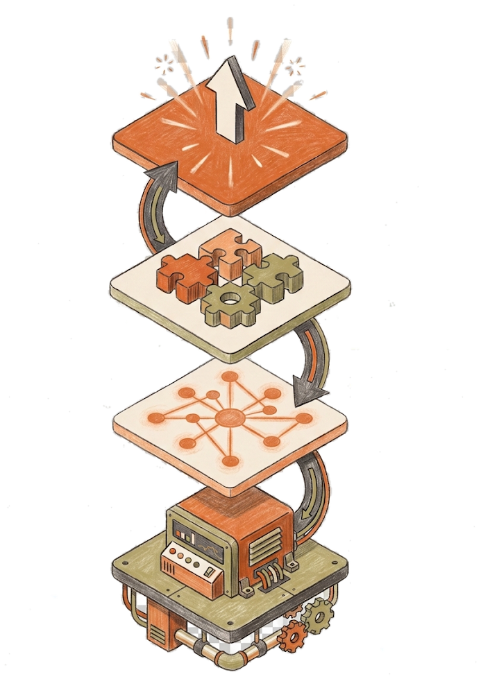 Isometric diagram of Heliqon's technology stack: hardware, data network, AI tools, and output layers