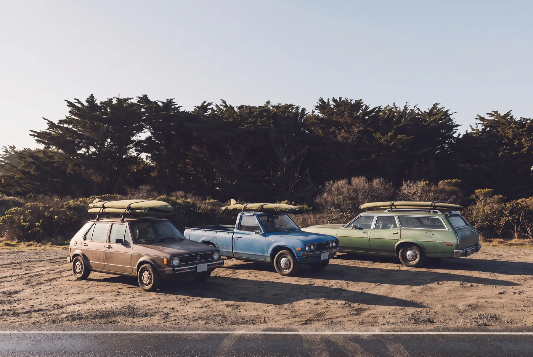 Three old cars with boards on the roof in a dirt pullout