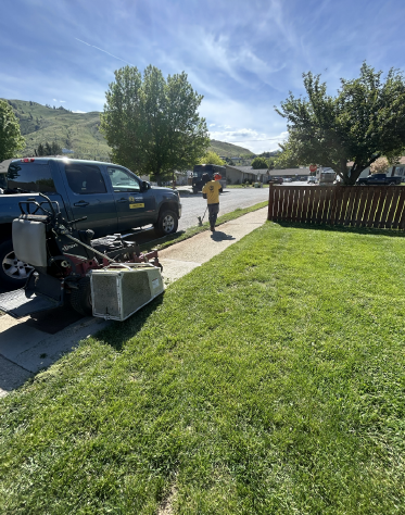 A rooster employee weed whacking the edge of a lawn near Lincoln park Wenatchee.