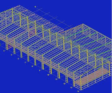 3D structural model of a large steel-frame building with numbered columns and beams on blue background.