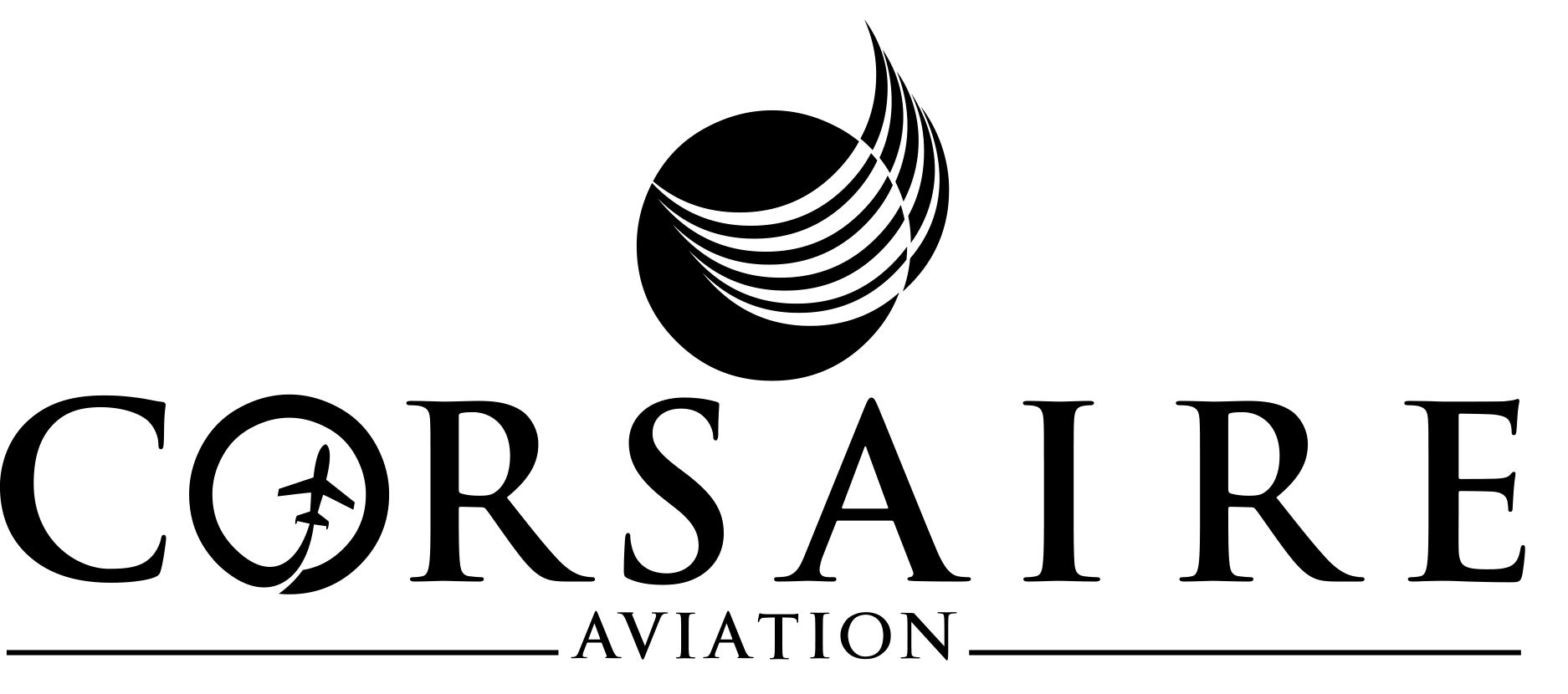 Corsaire Aviation logo with an airplane inside the letter O and stylized wing shapes above the name.