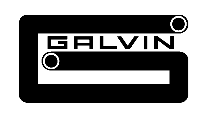 Black stylized logo with bold lines and the word GALVIN in uppercase letters.