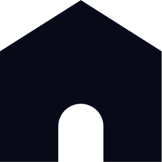 Simple black silhouette of a house with a triangular roof and an arched doorway.