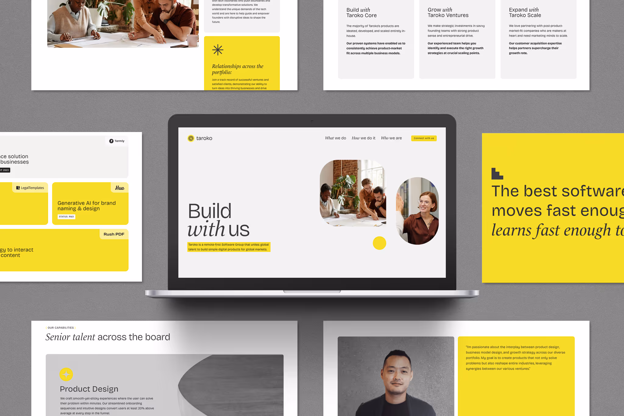 Laptop on gray surface displaying a website homepage for Taroko with images of diverse team members and text promoting remote-first software group services.