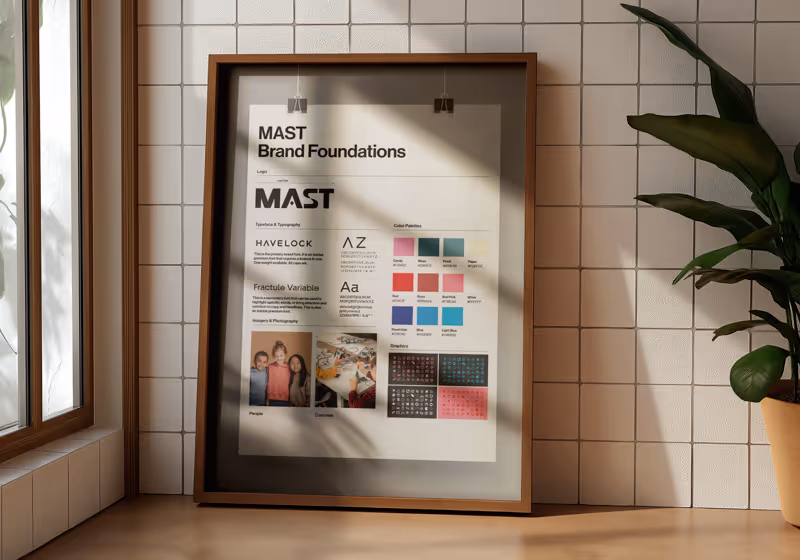 Framed brand guidelines poster for MAST leaning against a tiled wall, next to a potted plant and window with sunlight casting shadows.