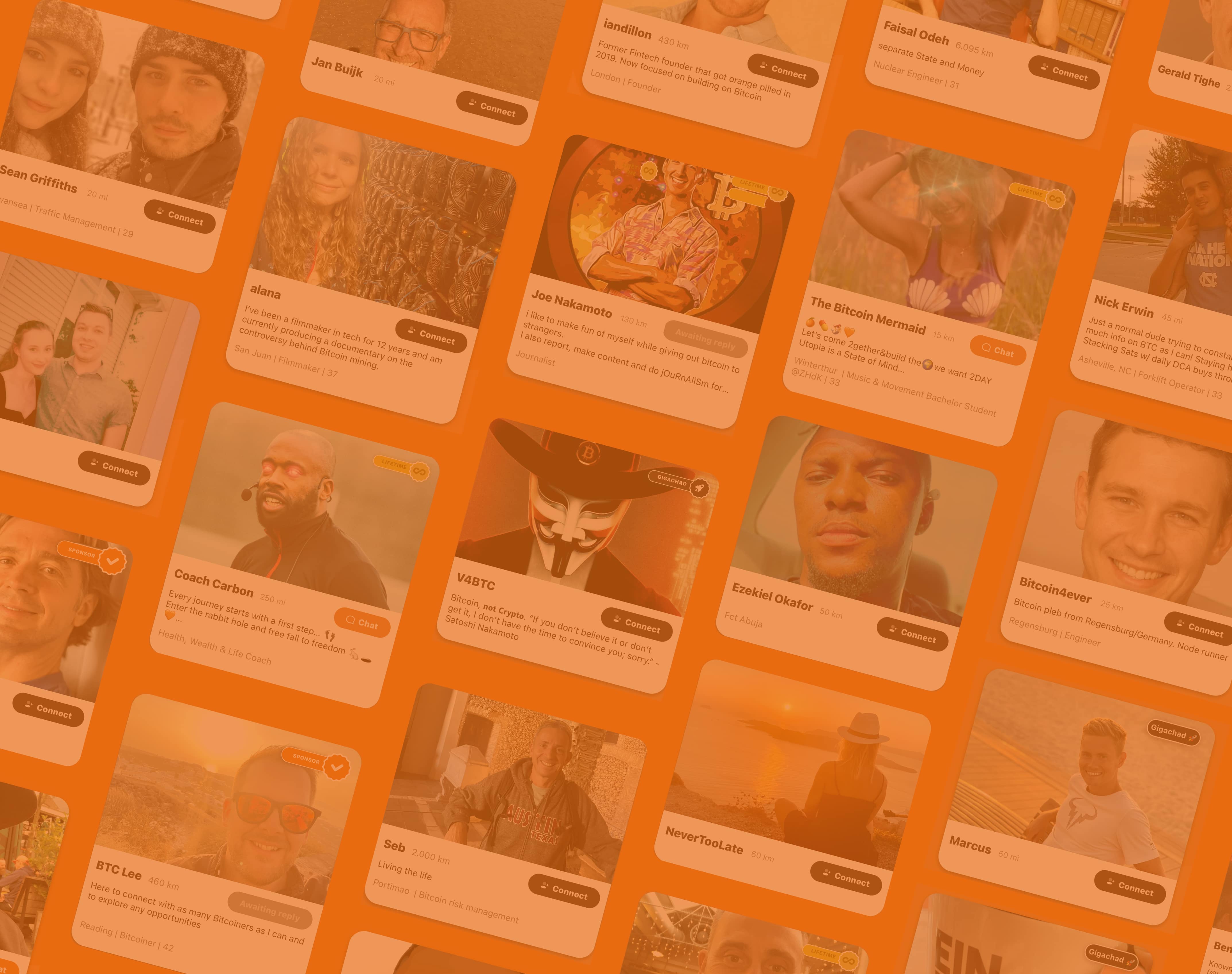Collage of diverse profile cards showing people with names, locations, distances, professions, and connect or chat buttons on an orange background.