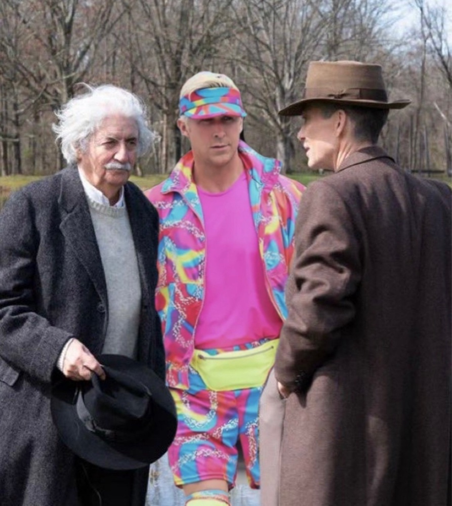 Three men standing outdoors in a wooded area, one dressed as Albert Einstein, one in colorful 80s athletic wear, and one in a brown coat and hat.