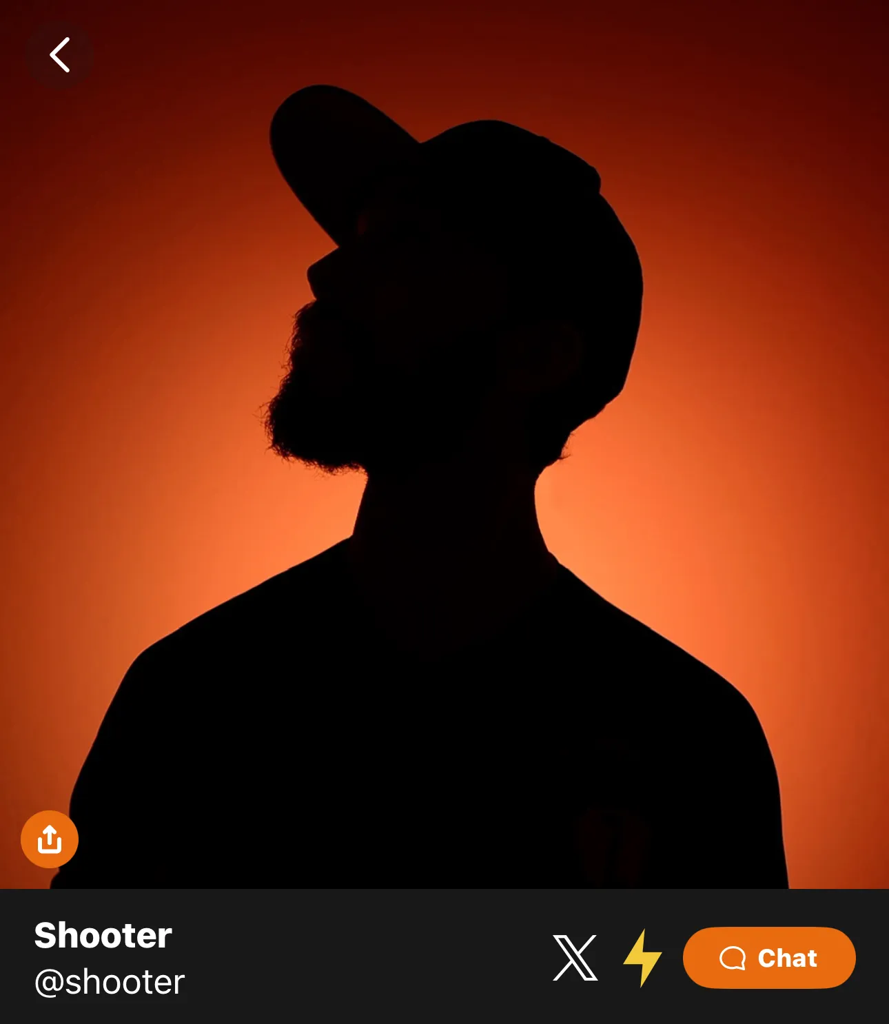 Silhouette of a person with a beard and cap against an orange background.