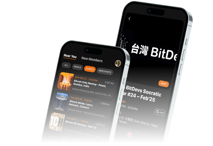 Two silver iPhones displaying a meetup app with event listings and event details, including Bitcoin meetups in Mumbai, Dubai, Hong Kong, and Taipei.