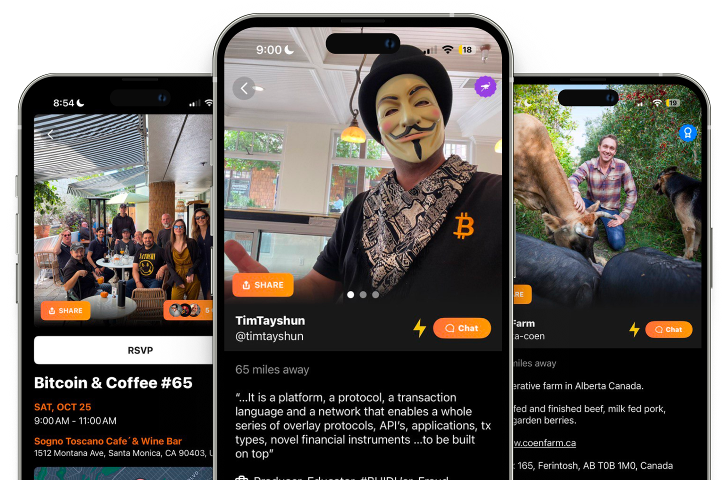 Three smartphones displaying a social app featuring a Bitcoin and Coffee event, a user wearing a Guy Fawkes mask with Bitcoin logo on shirt, and a farm profile with animals.