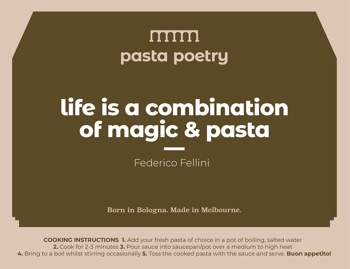 Quote reading 'life is a combination of magic & pasta' in white text on an olive background with a cream border.