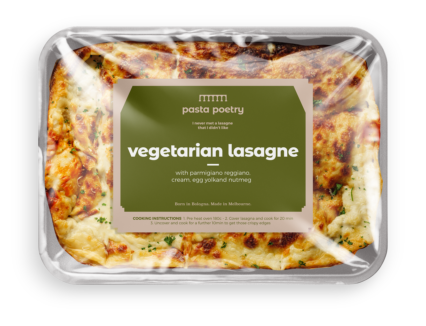 Vegetarian lasagne vacuum sealed in an aluminium tray, with a green Pasta Poetry branded sticker on top. 