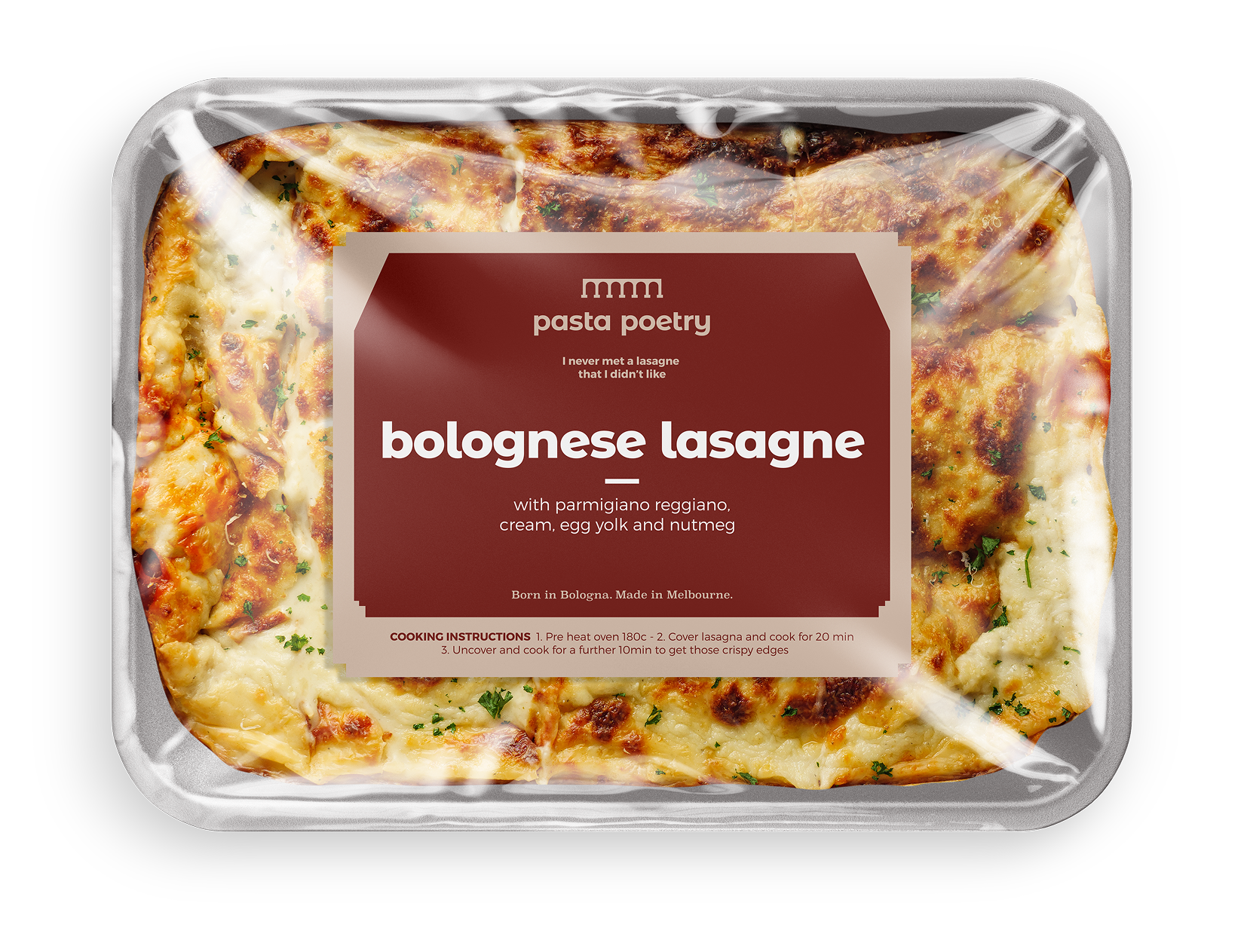 Bolognese lasagne vacuum sealed in an aluminium tray, with a red Pasta Poetry branded sticker on top. 
