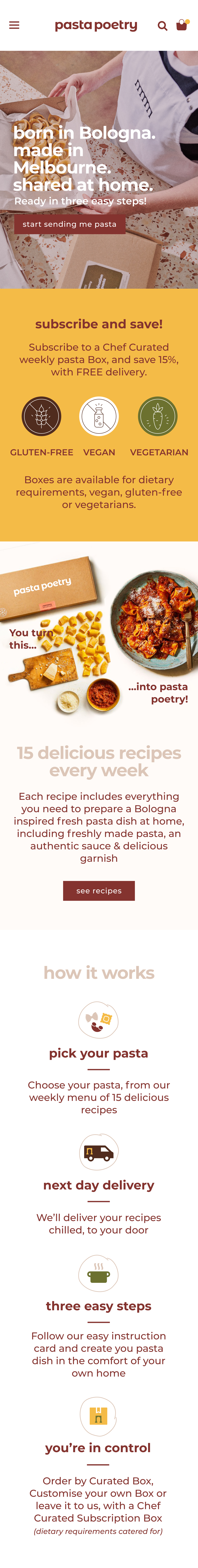 Screenshot of Pasta Poetry website on mobile.