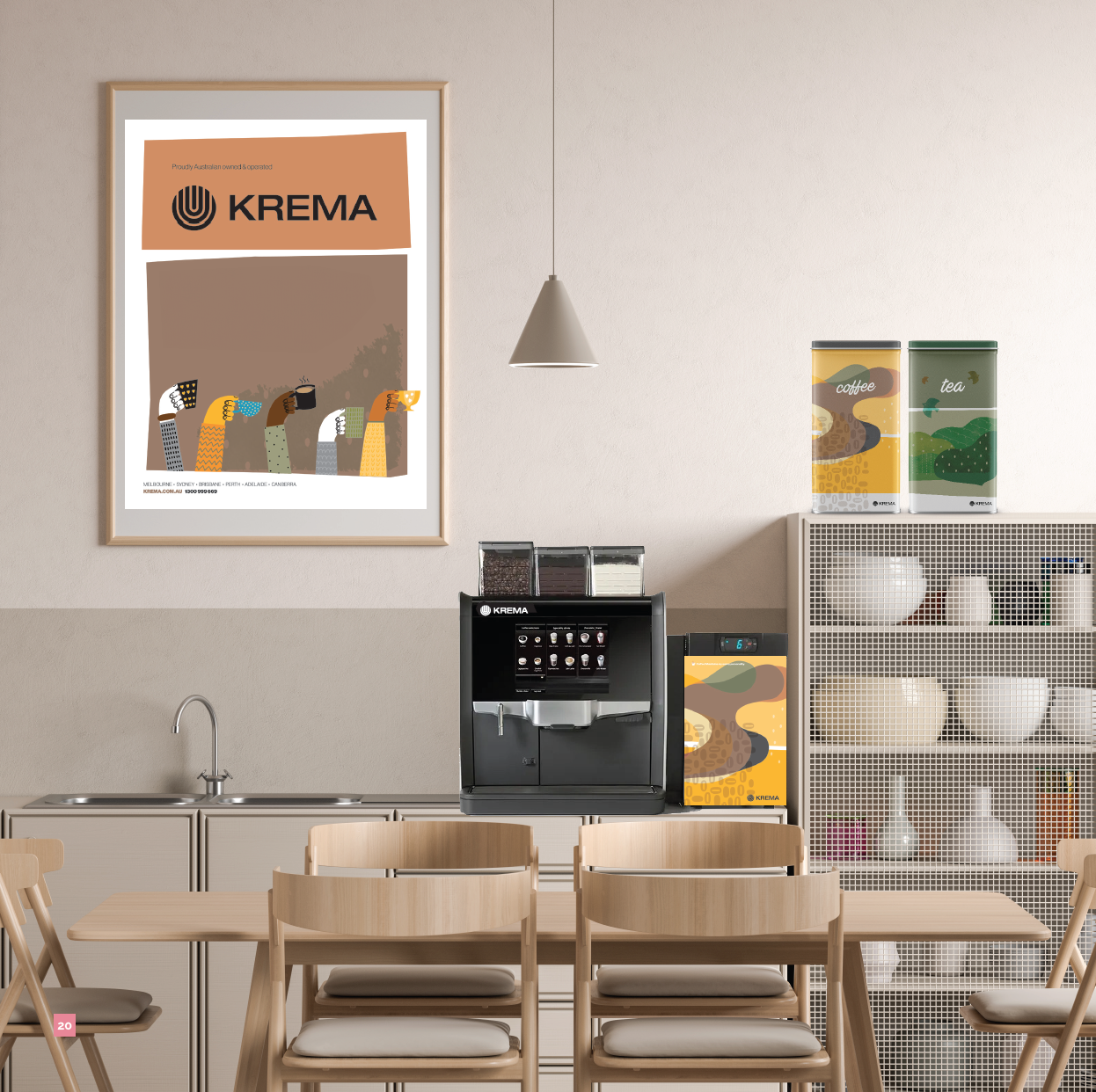 Office kitchen with a Krema branded coffee machine, a Krema poster on the wall with multiple hands holding coffee cup in Saul Bass illustration style.