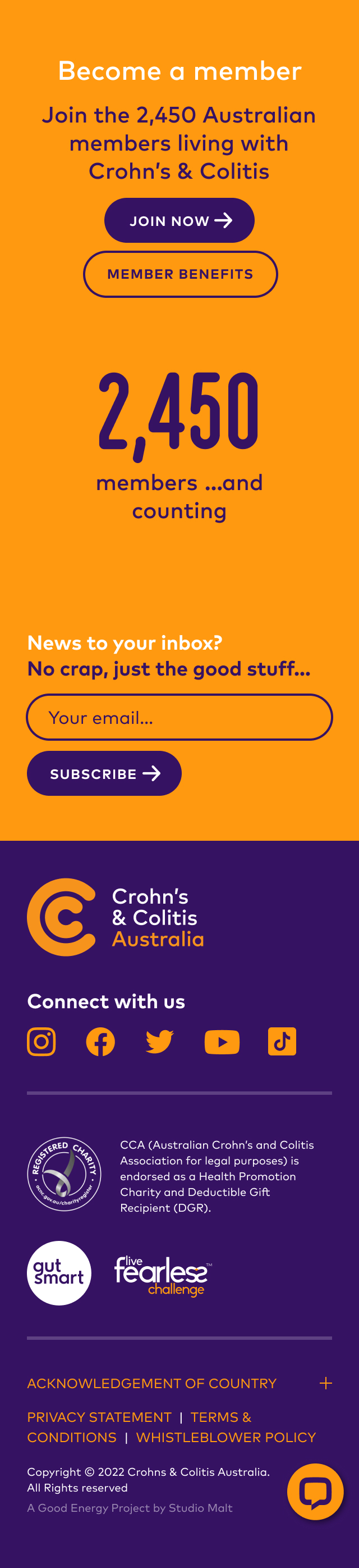 Crohn’s & Colitis Australia mobile website screenshot.