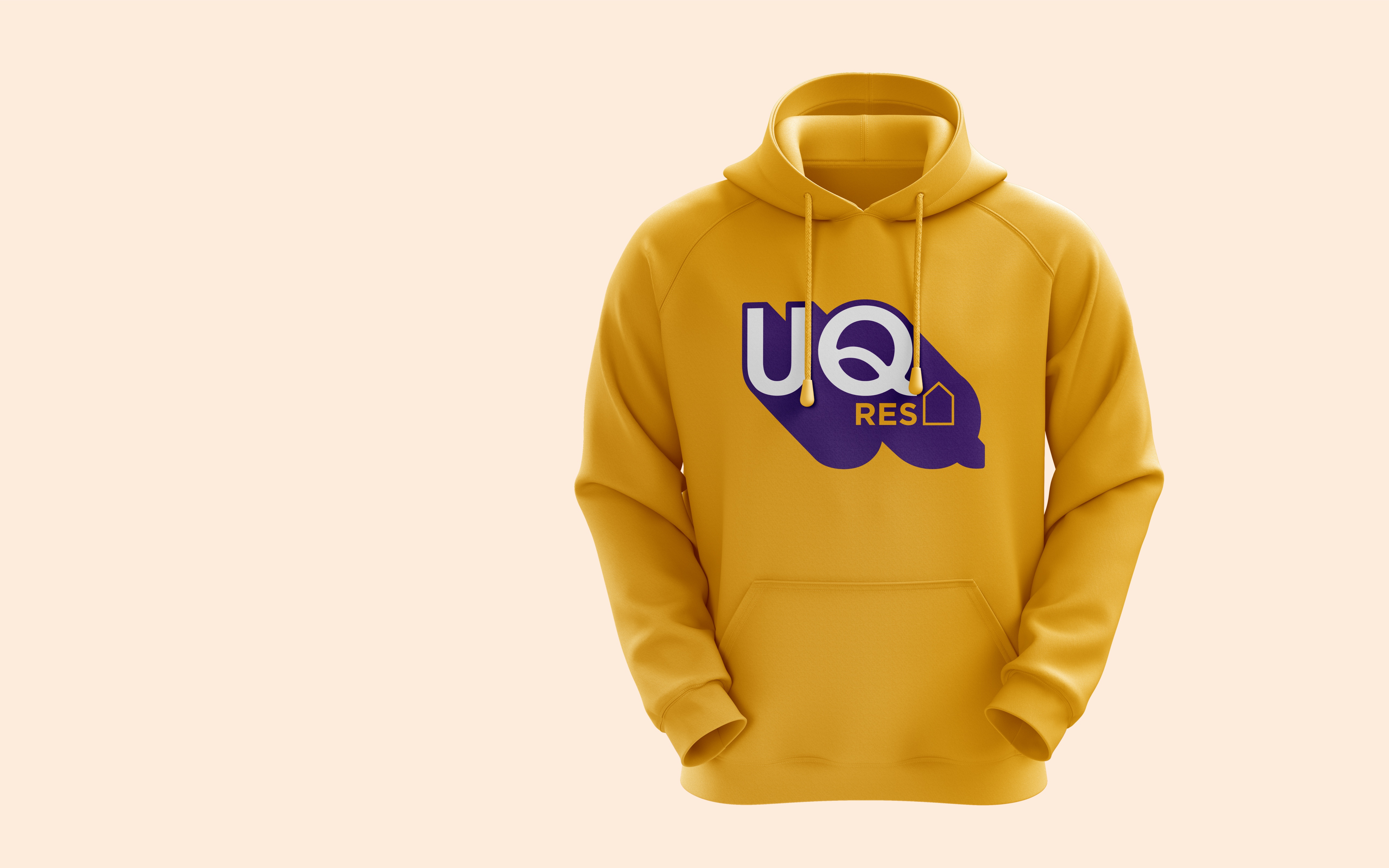 Yellow hoodie with a purple graphic on it which reads "UQ Res".