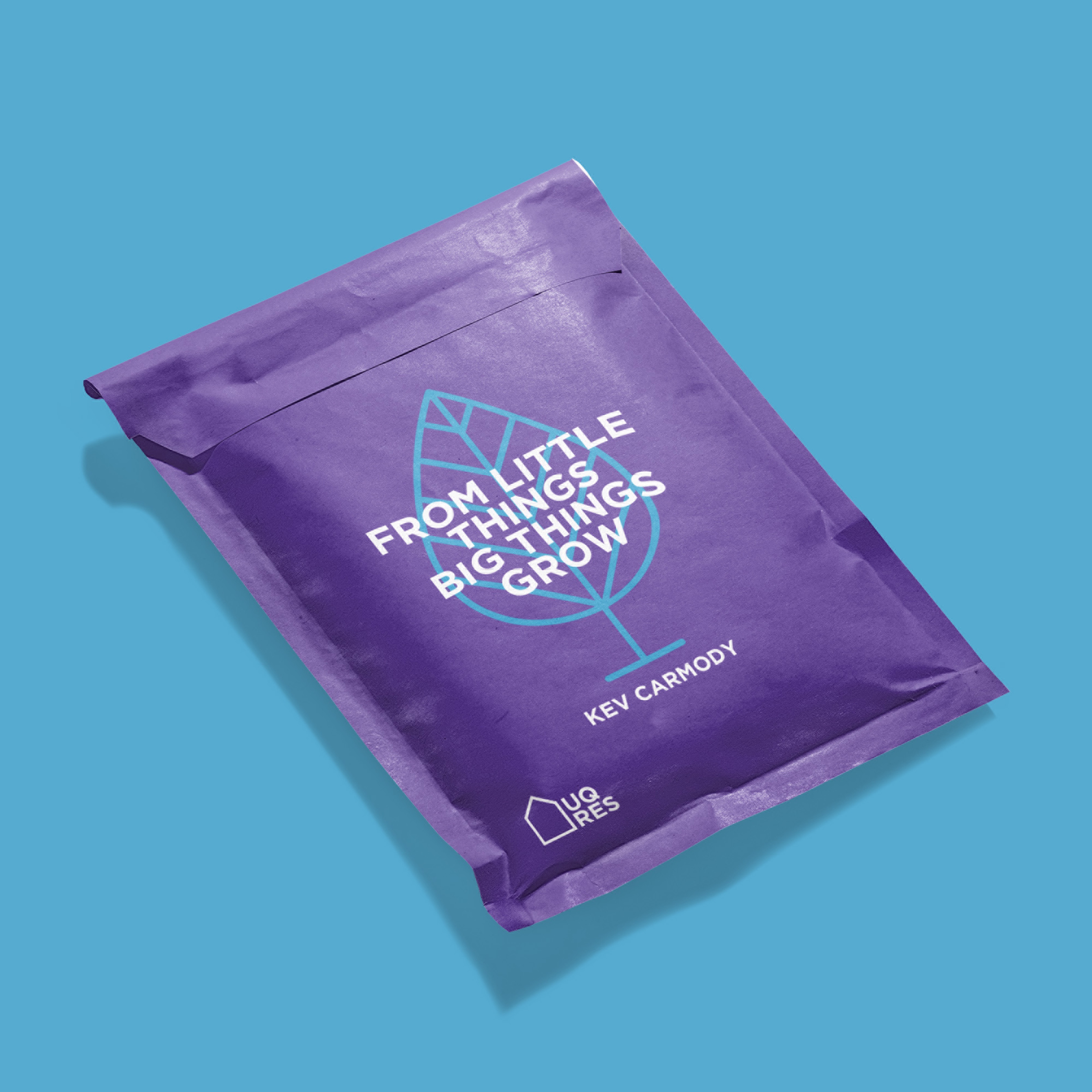 Zip-sealed purple pouch with a blue illustration of a leaf on it, and text which reads "From little things big things grow".