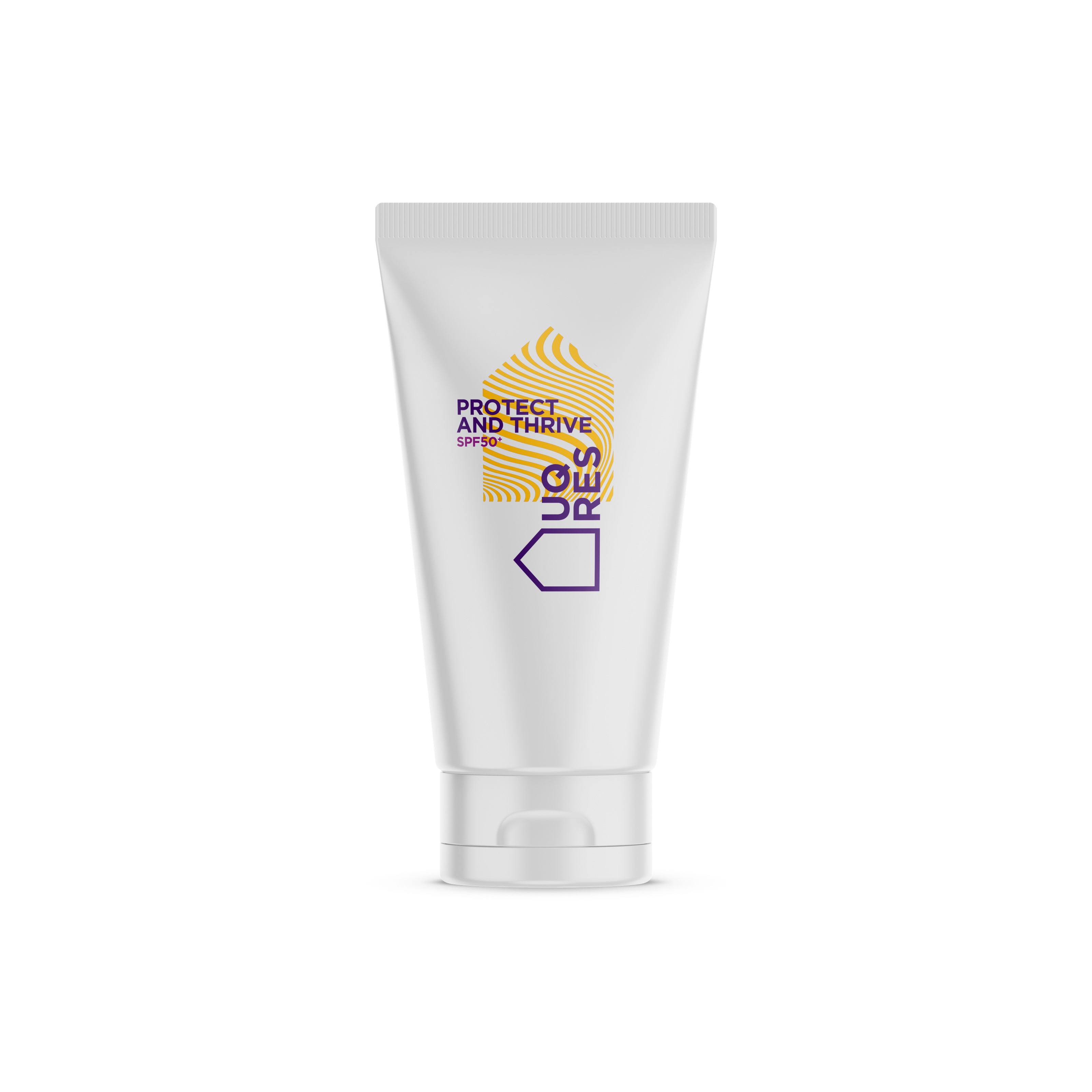 A white tube of sunscreen featuring the UQ Res logo, the swirled yellow house shape, and text that reads "Protect and thrive SP50+"
