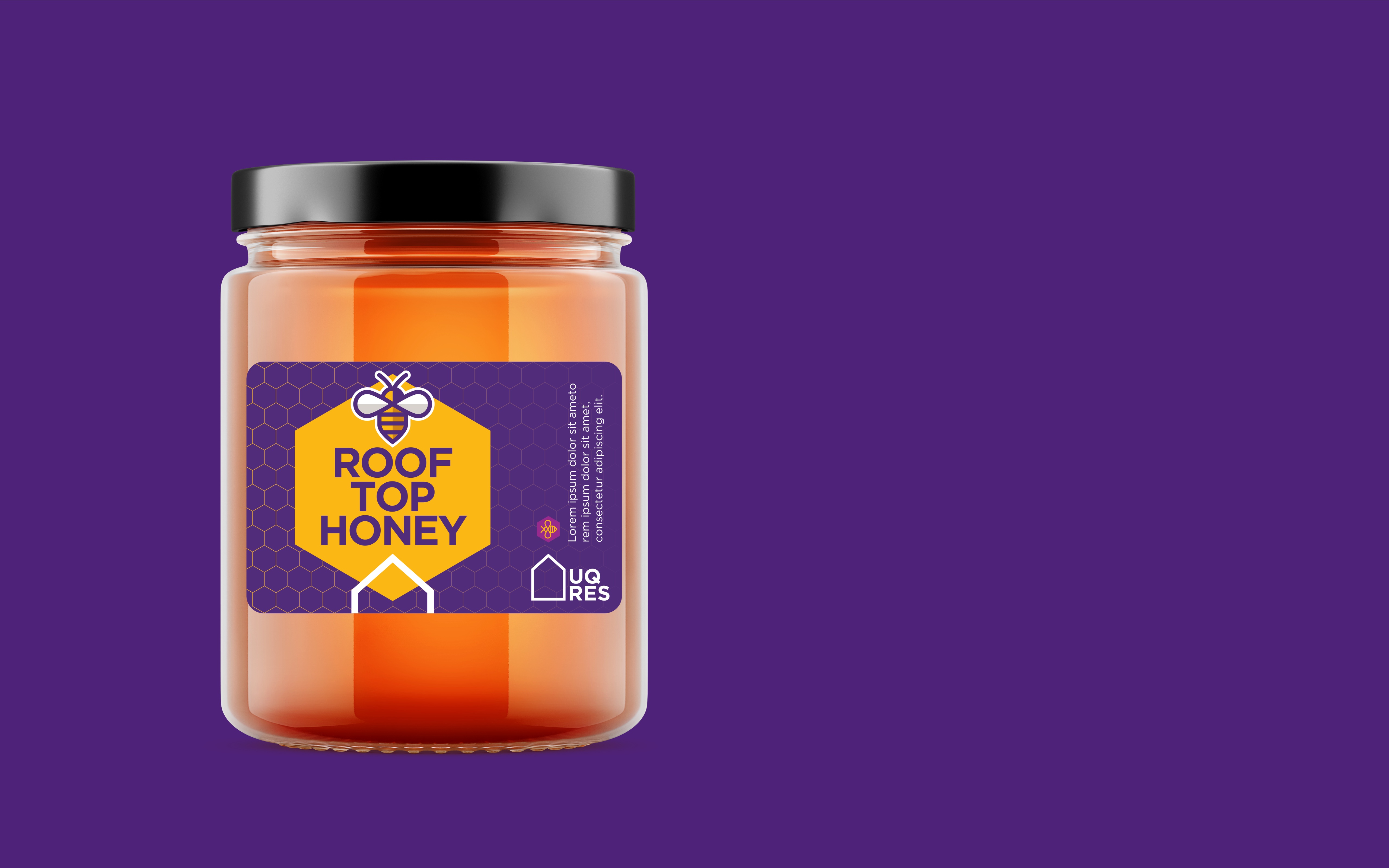 Jar of honey with a black lid, pictured on a purple background. The label reads "Roof top honey", with a yellow hexagon behind it and an illustrated bee above the text.