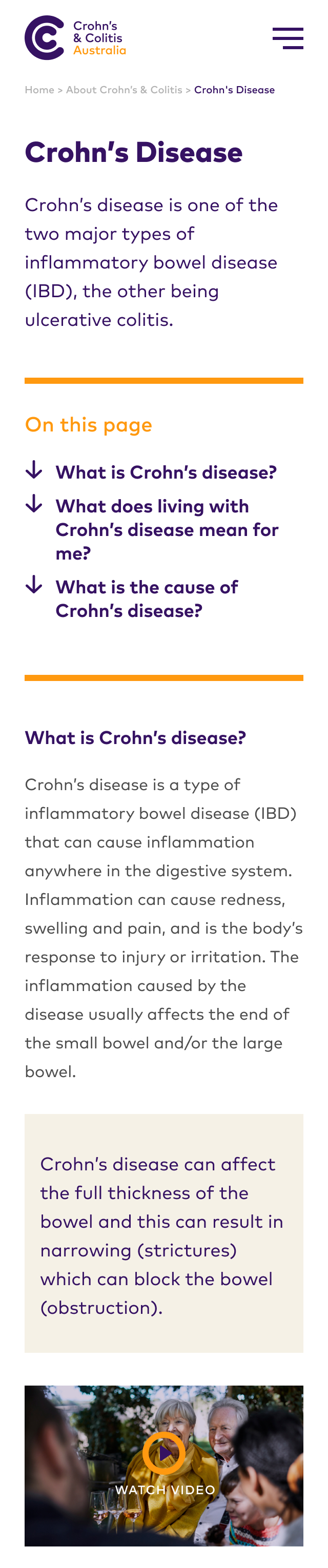 Crohn’s & Colitis Australia mobile website screenshot.