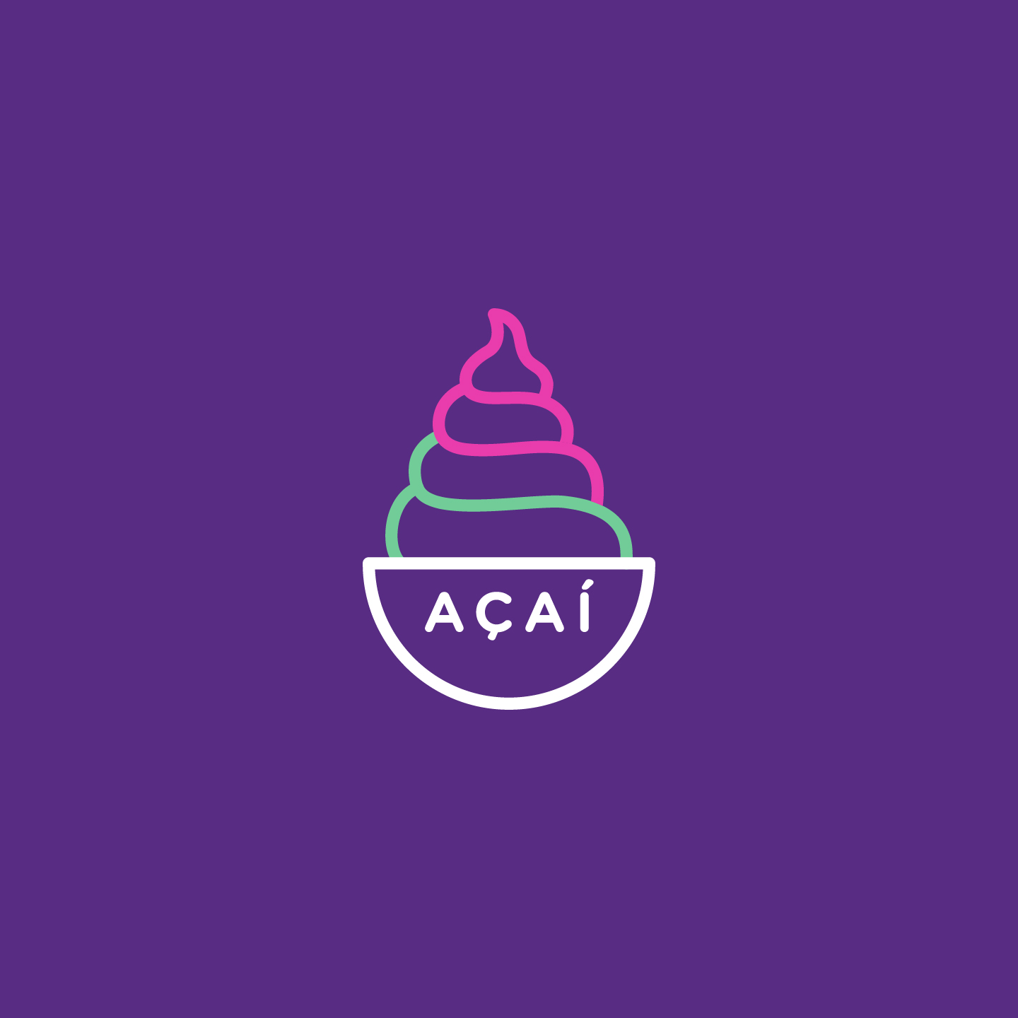 Logo of Acai in a bowl, with swirl of green and pink acai inside.