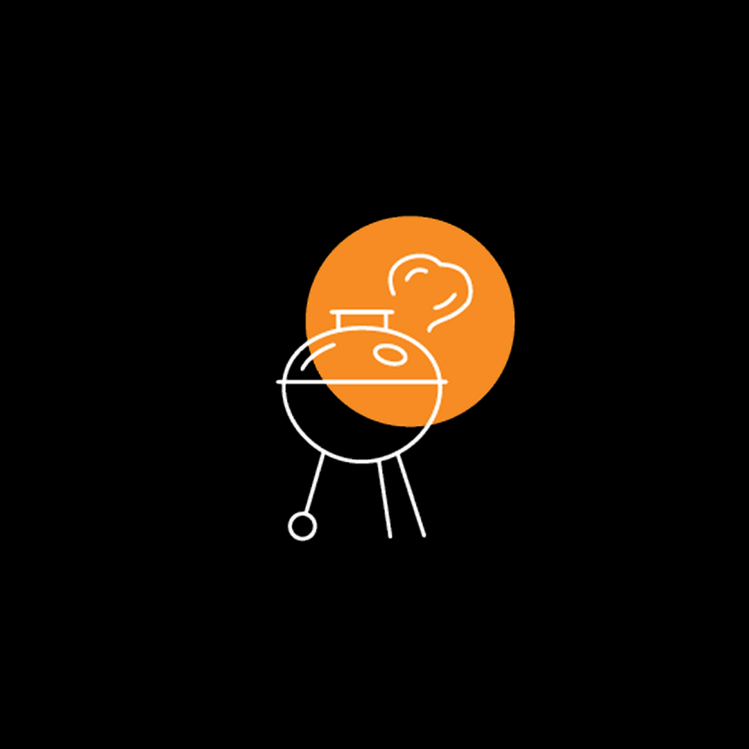 Line illustration of kettle barebecue in front of a orange circle on a black background.