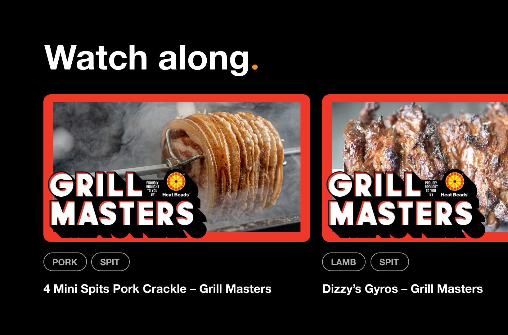 Detail shot of video section of the Heat Beads website, showing multiple Grill Masters thumbnails, their tags, and video titles.