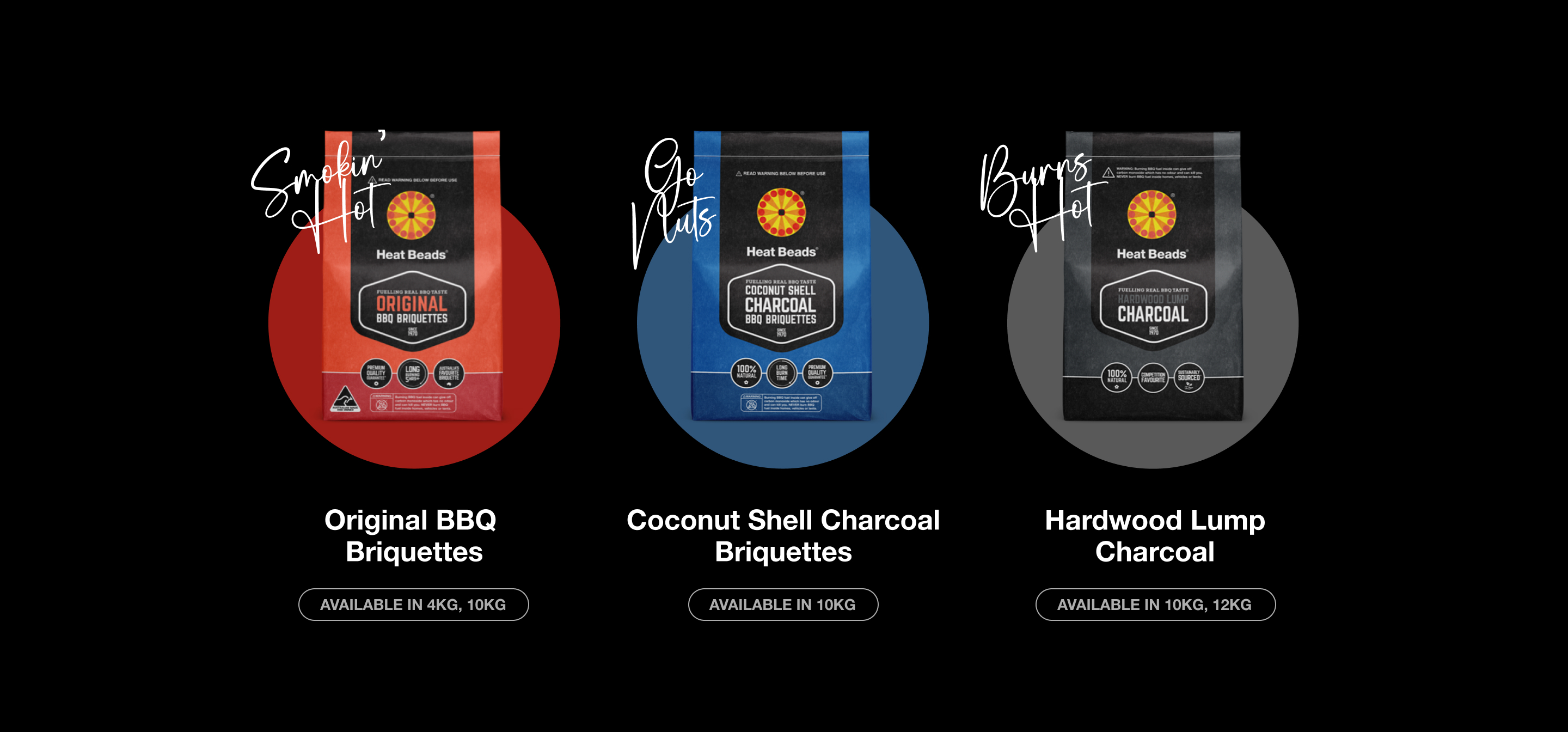Red, blue and grey bags of Heat Beads briquettes, with details underneath about each product, and flavour text which reads "Smokin' Hot", "Go Nuts" and "Burns Hot".