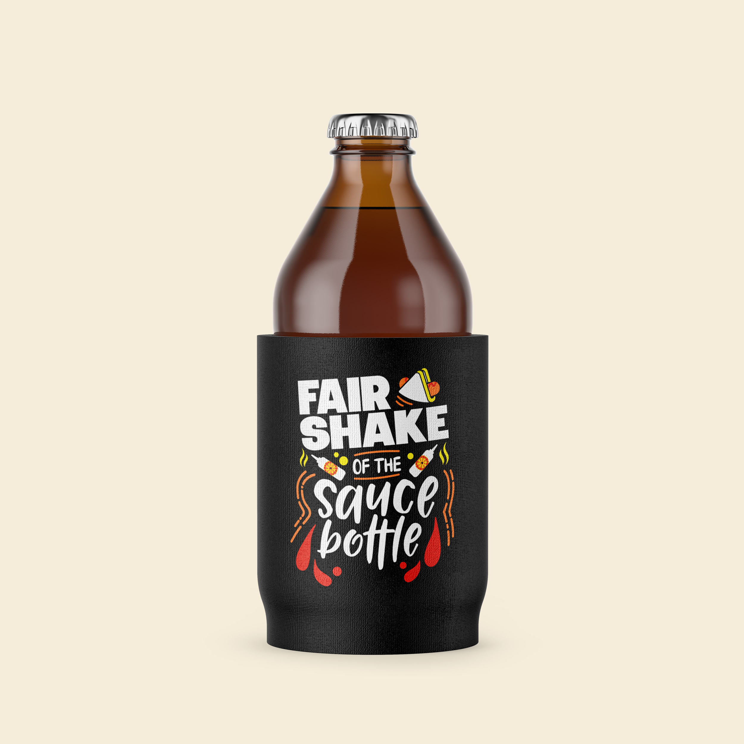 Black stubby cooler holding a beer bottle. The text on the cooler reads "Fair shake of the sauce bottle", with illustrated elements of sauce and a sausage sandwich around the text.