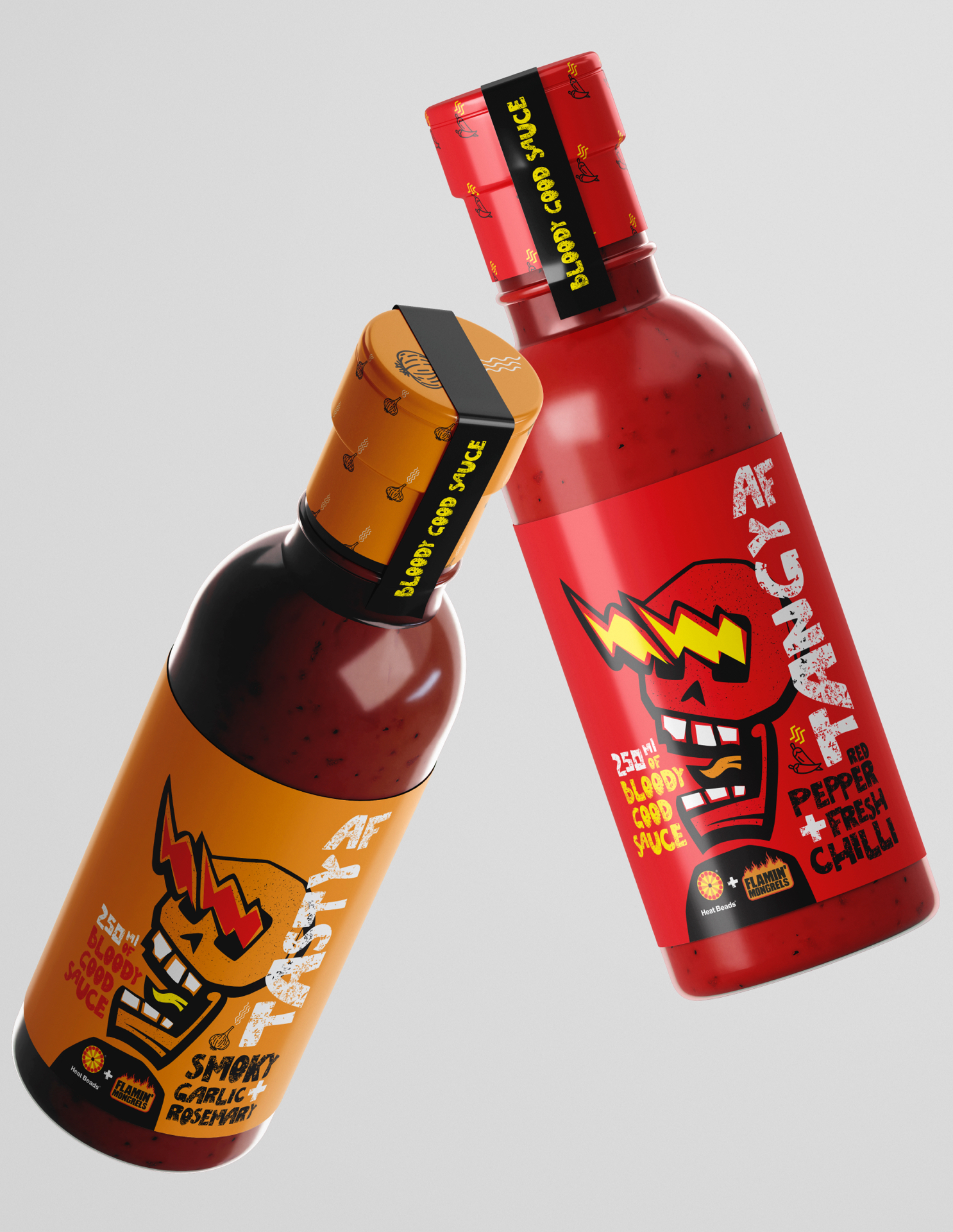 Two hot sauce bottles floating in the air, one with an orange label that reads "Smoky Garlic + Rosemary" and the other with a red label that reads "Red pepper + fresh chilli".