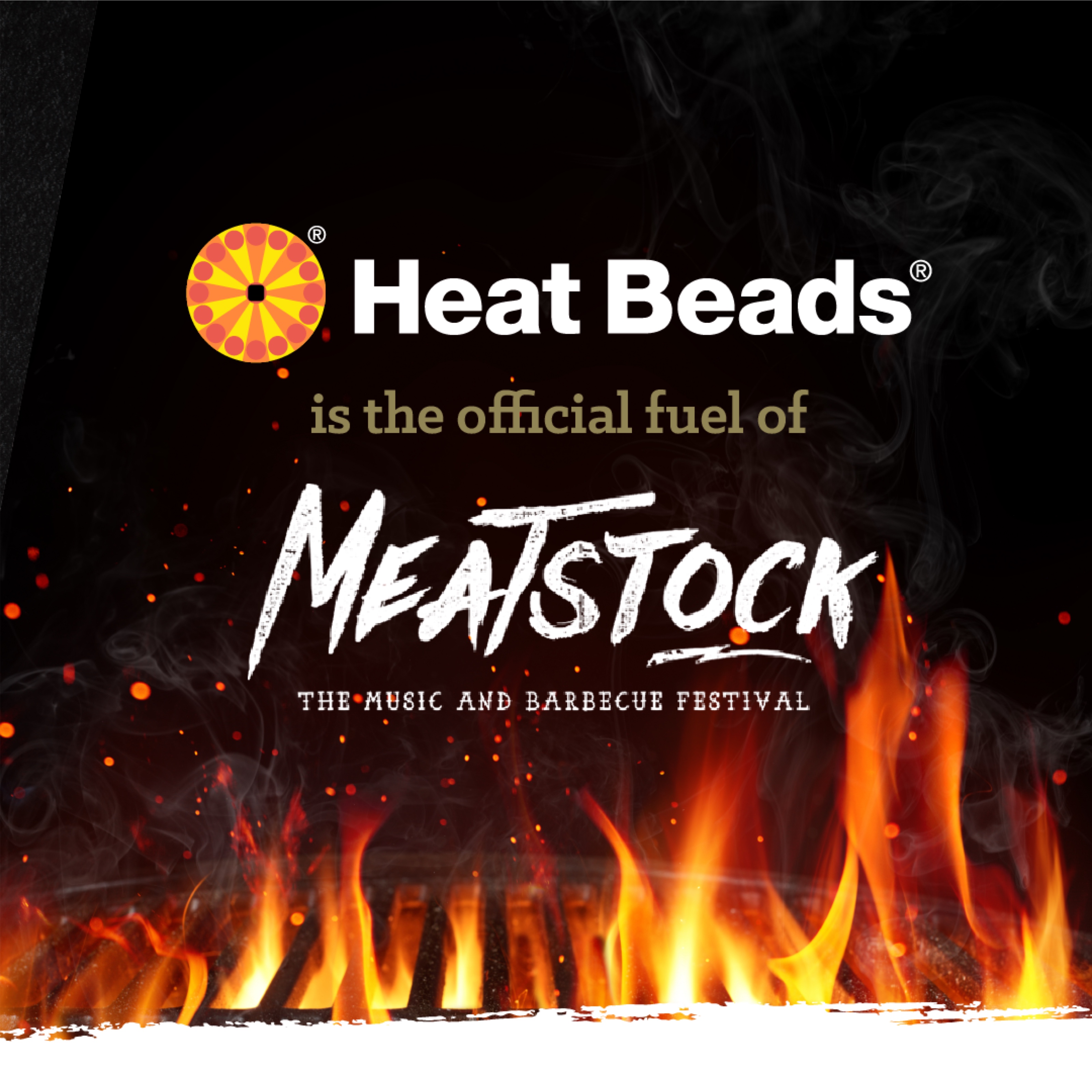 Social media image with the Heat Beads logo, followed by text that reads "is the official fuel of Meatstock", on a background of open flames.
