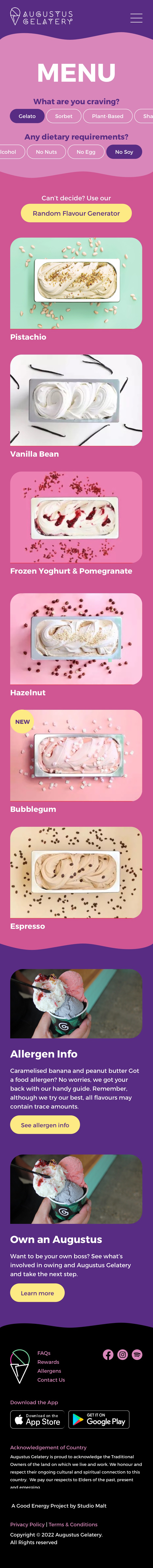 Screenshot of Augustus Gelatery website home page on mobile.