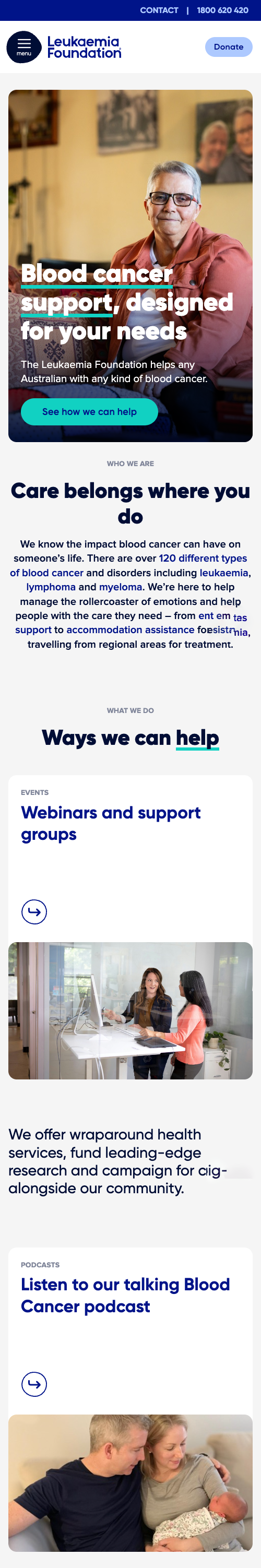 Screenshot of the Leukaemia Foundation mobile website home page.